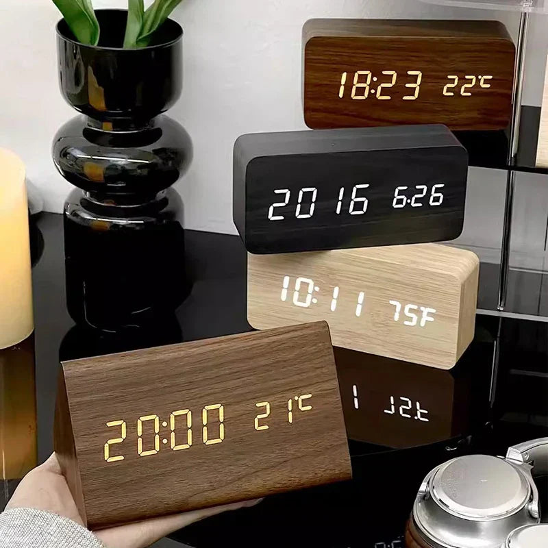 Holz-Wecker mit LED-Anzeige, Temperaturanzeige, ideal für Schlafzimmer, Nachttisch, modernes Design.