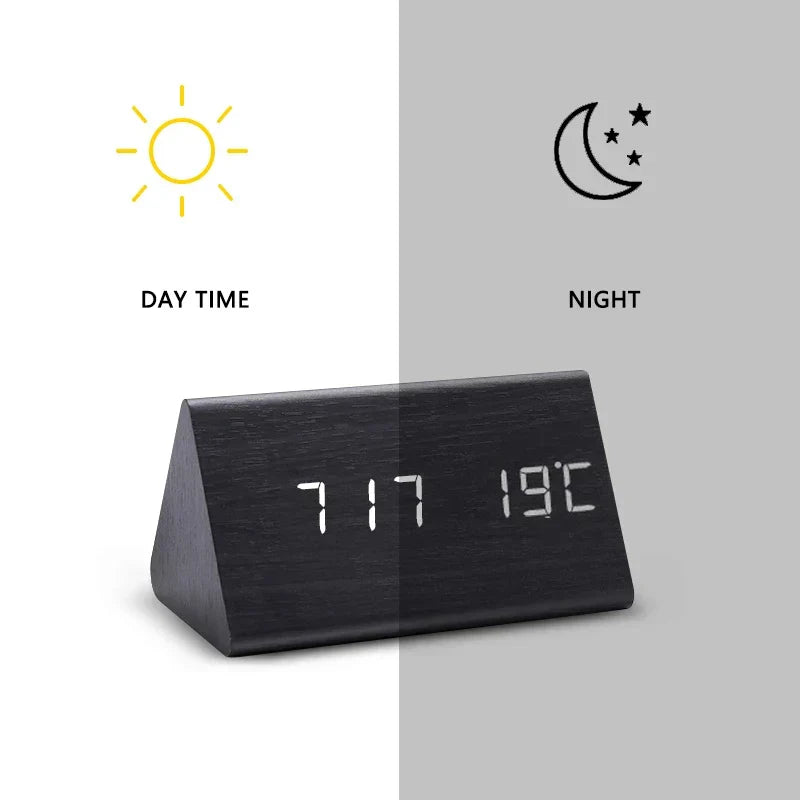 Moderner Holz-Wecker mit LED-Anzeige, Temperaturanzeige, ideal für Schlafzimmer, Nachttisch.