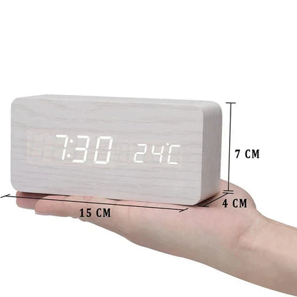 Holz-Wecker mit LED-Anzeige, Temperaturanzeige, ideal für Schlafzimmer, 15x7x4 cm.