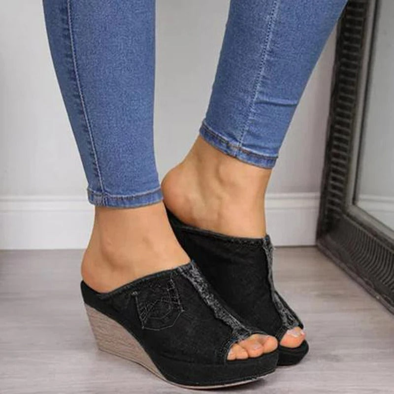 Damen Denim-Sandalen mit Keilabsatz – Elisabetta