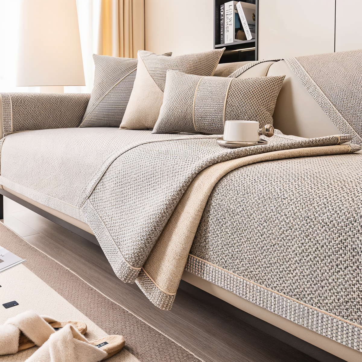 Beige-grauer Sofaschoner, an einer Ecke umgeschlagen, sodass die weiche, helle Unterseite des Stoffes sichtbar wird. 2