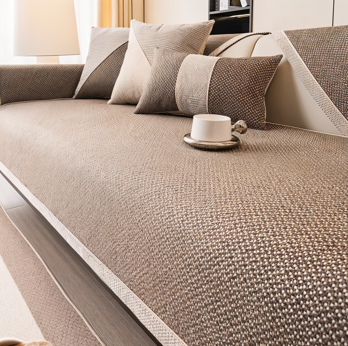 Sofaschoner in Braun mit hellen Webpunkten auf der Sitzfläche, dazu Kissen in Braun und Beige. 10
