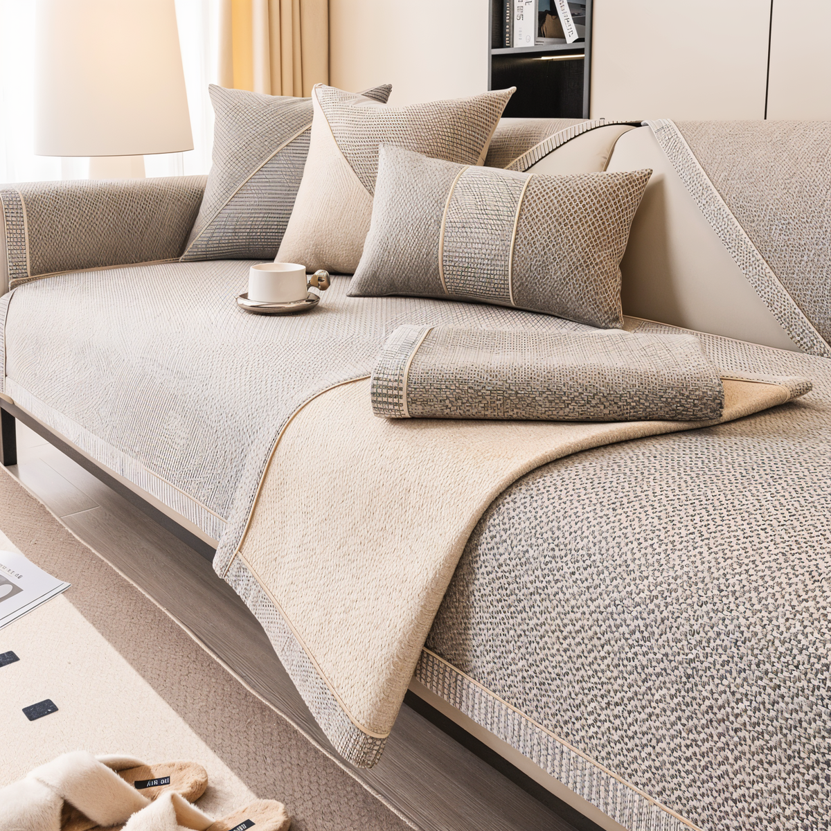 Beige-grauer Sofaschoner mit zurückgeschlagenem Rand und einer gefalteten Stoffbahn, die die helle, flauschige Rückseite zeigt. 3