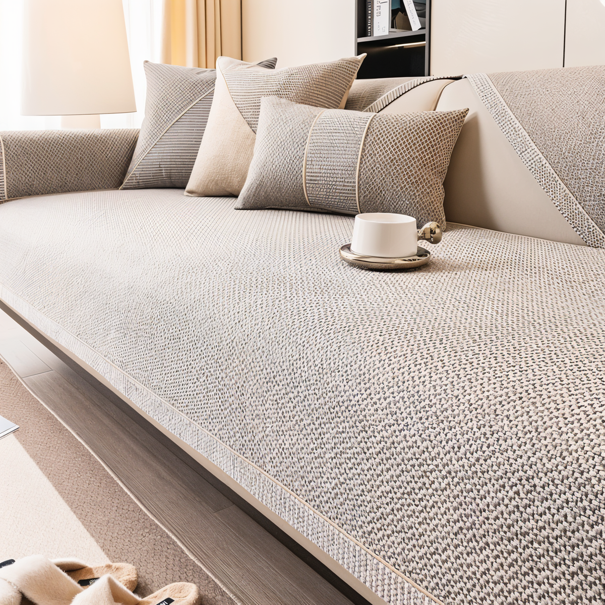 Beige-grauer Sofaschoner in der Gesamtansicht auf dem Sitz und der Armlehne, mit passenden Kissen und einer Tasse. 5