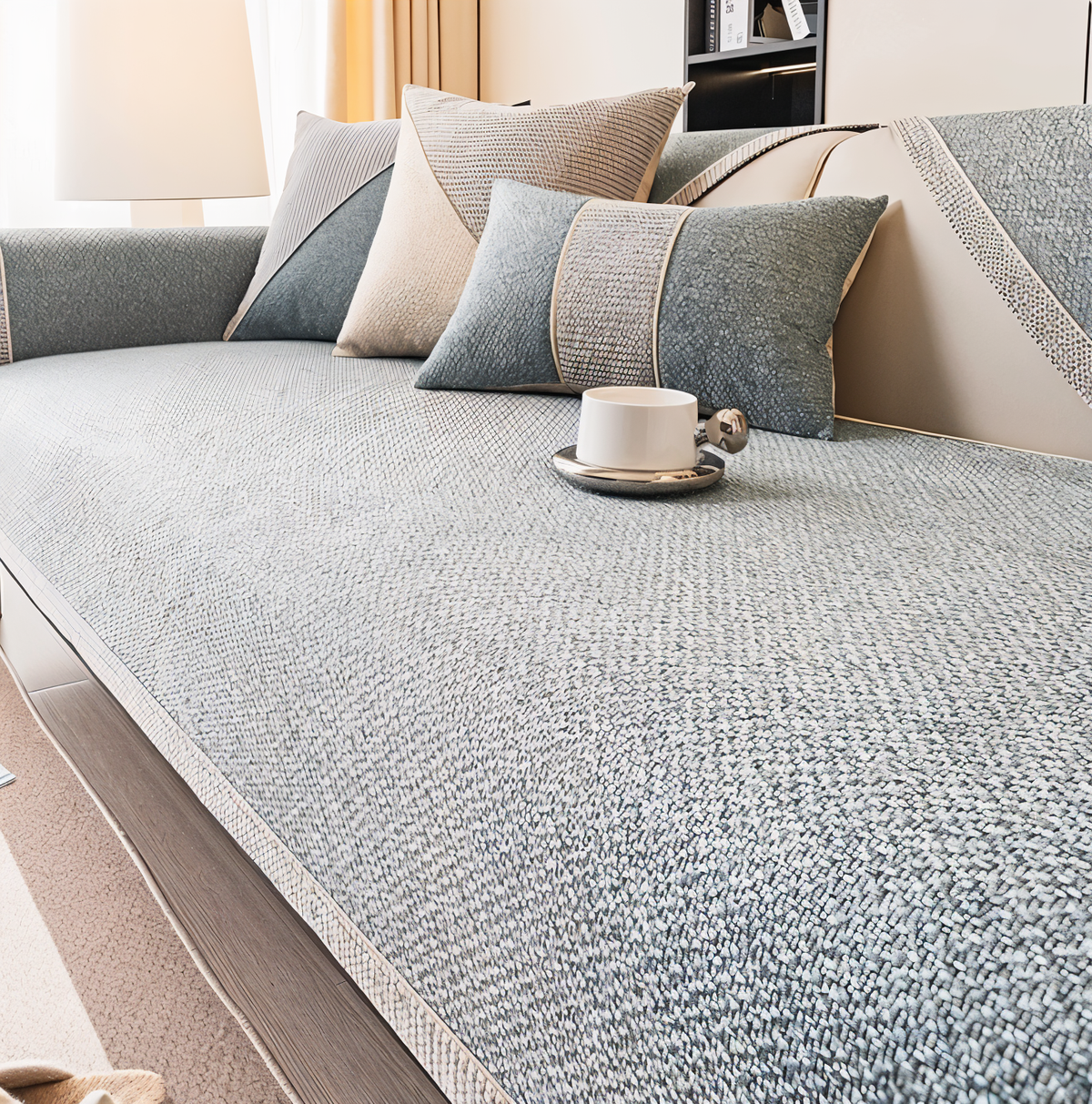 Sofaschoner in Graublau mit feiner Webstruktur auf der Sitzfläche, kombiniert mit grauen und beigen Kissen. 6