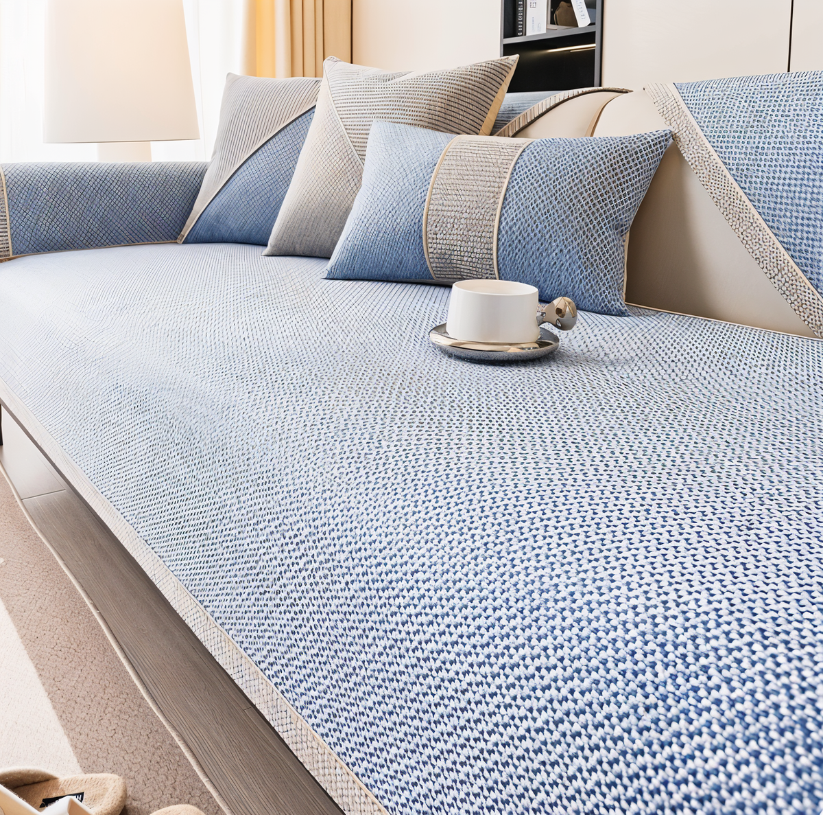 Sofaschoner in hellem Blau mit körnigem Webmuster auf einem Sofa, dazu blaue und graue Kissen. 7