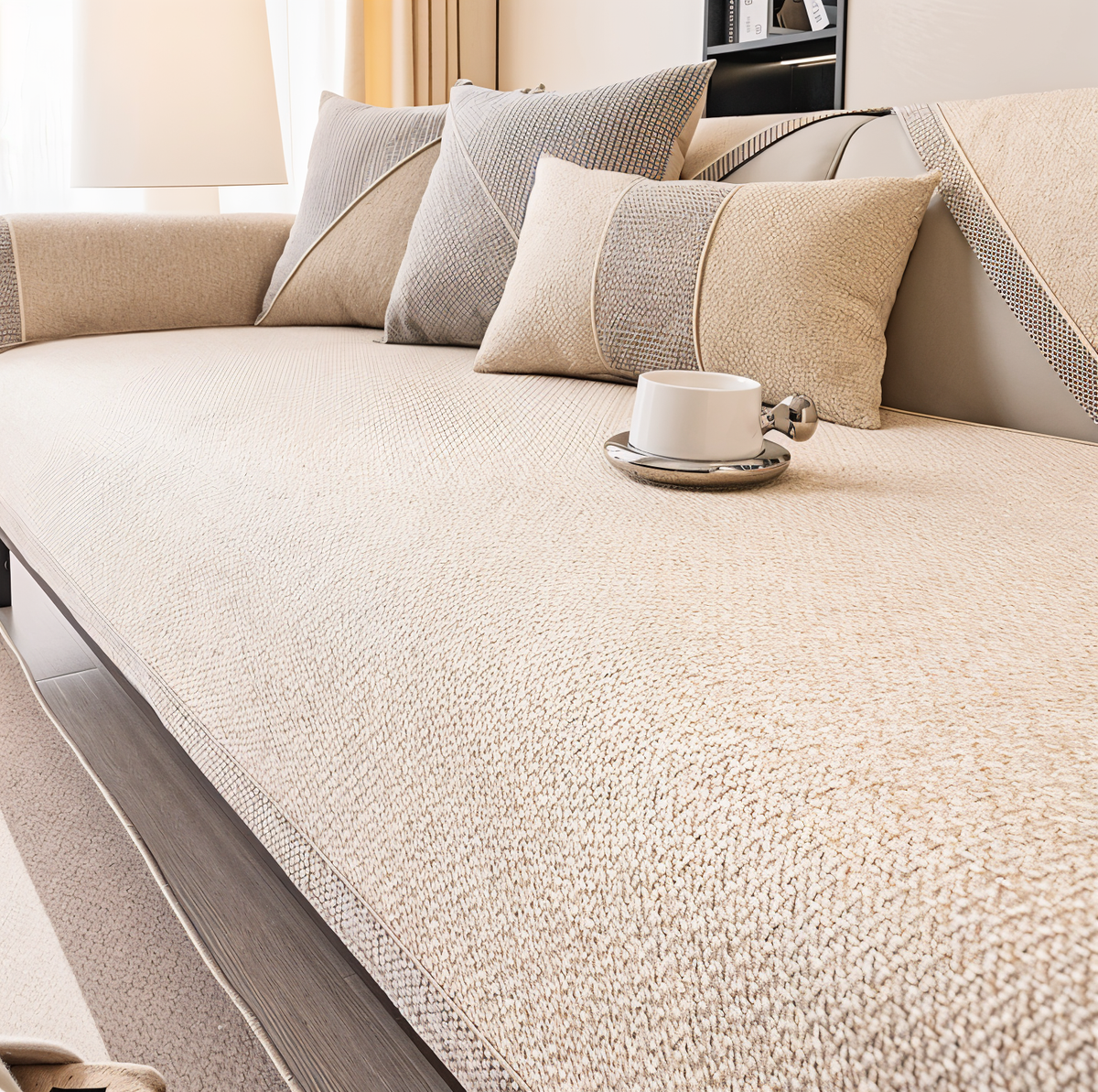 Sofaschoner in einfarbigem Creme-Beige mit weicher, flauschiger Oberfläche, kombiniert mit beigen und grauen Kissen. 9