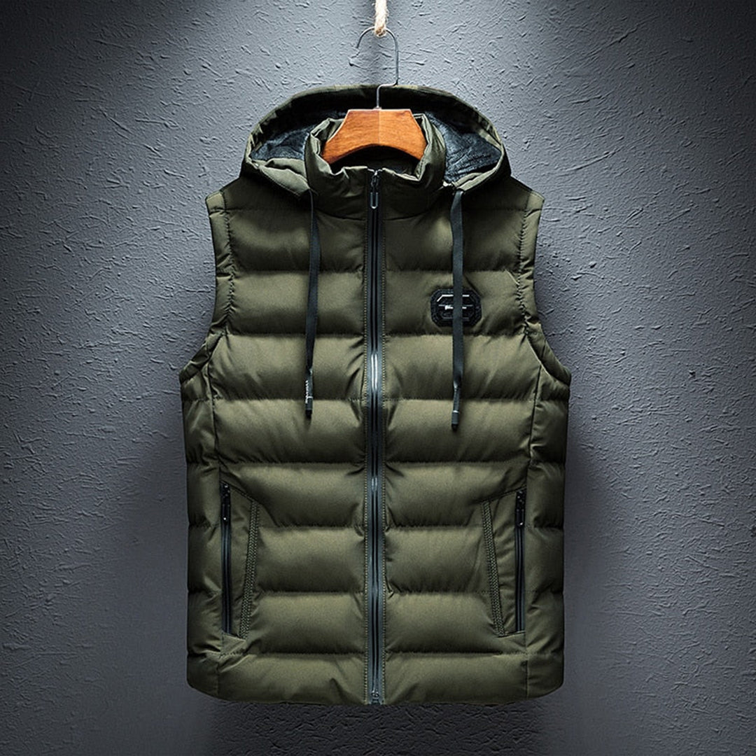 Armeegrüne Steppweste mit Kapuze, Reißverschluss, Herrenmode, Winterbekleidung, Outdoor.