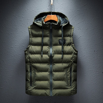 Armeegrüne Steppweste mit Kapuze, Reißverschluss, Herrenmode, Winterbekleidung, Outdoor.