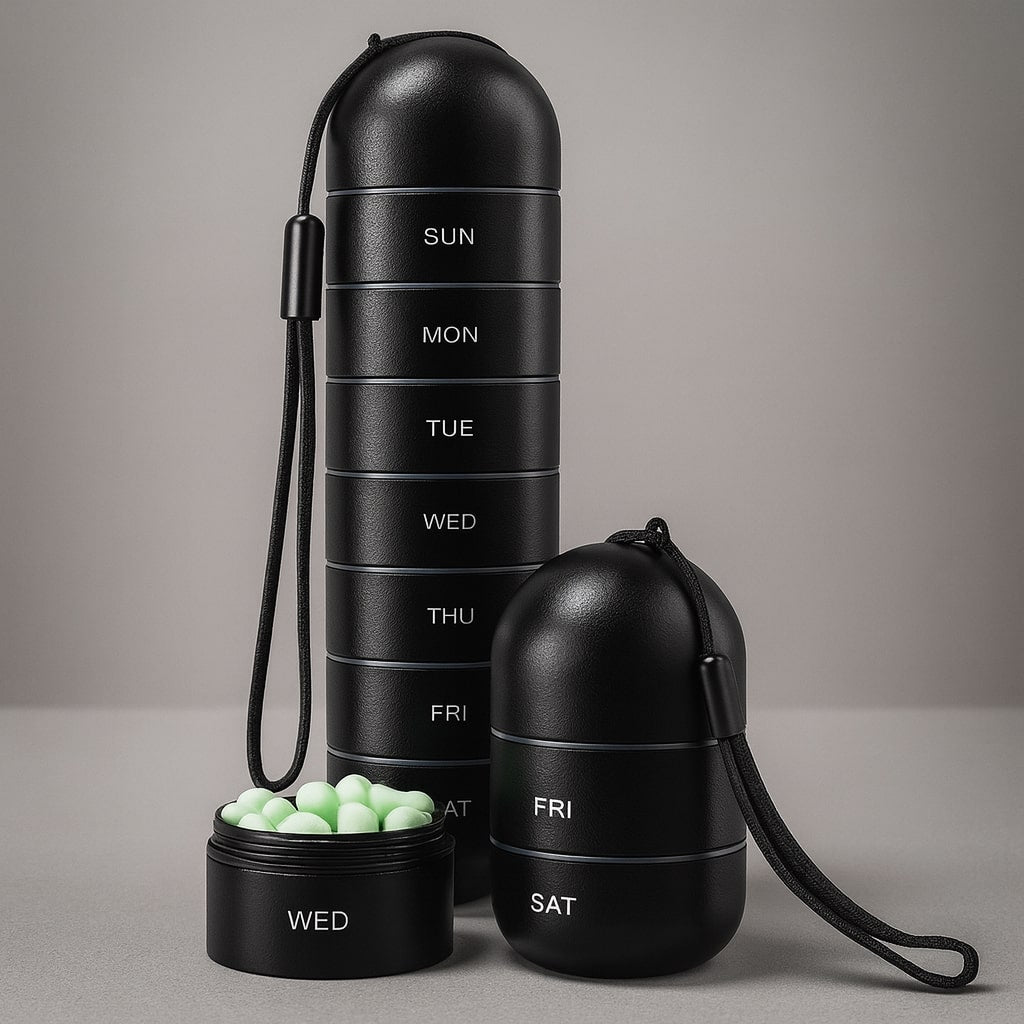 Schwarzer Pillenorganizer als hoher Turm mit Trageschlaufe, daneben ein kurzer Stapel und ein offenes Fach mit hellgrünen Tabletten. 3