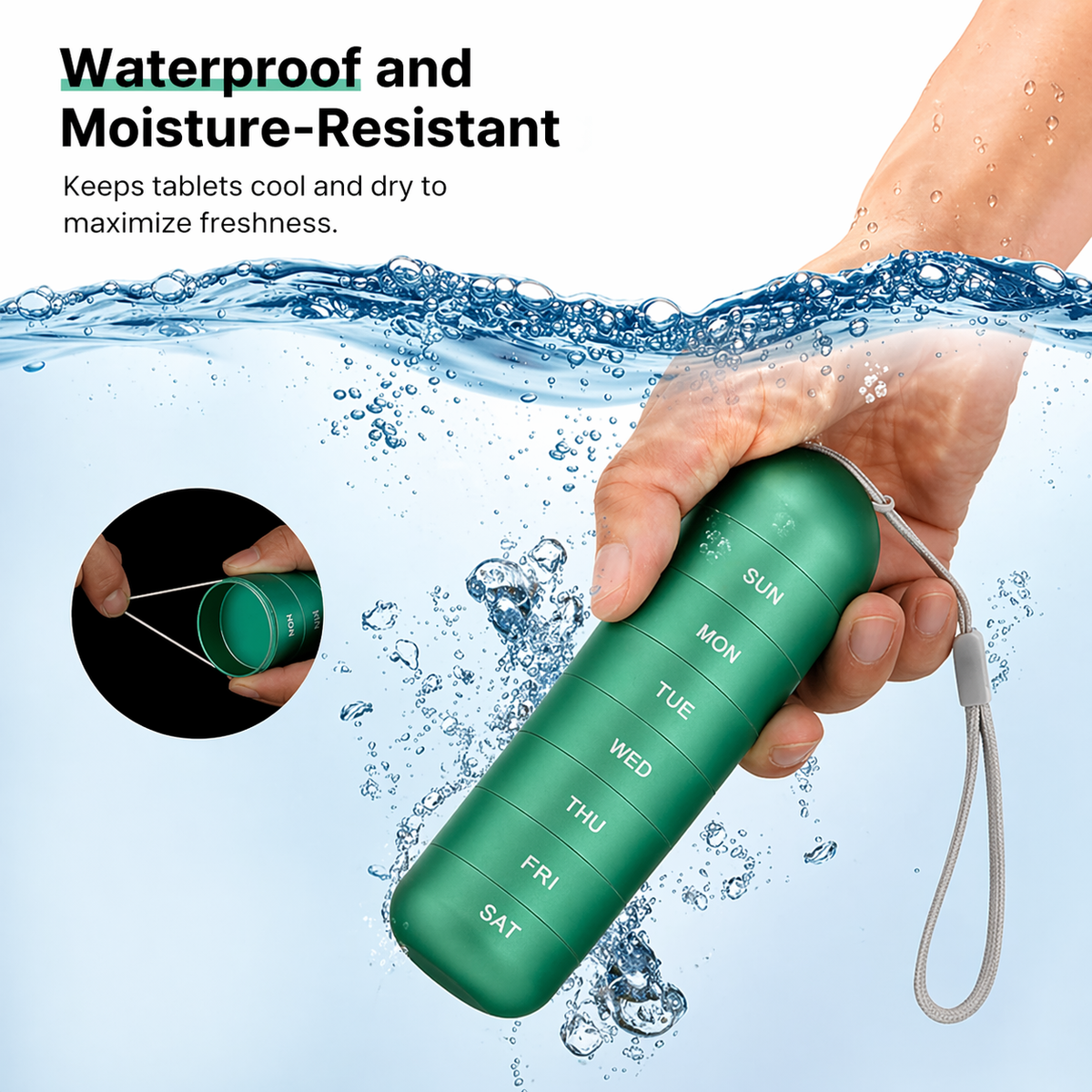 Grüner Pillenorganizer wird in einer Hand unter Wasser gehalten, ein Ausschnitt zeigt den Dichtungsring im geöffneten Fach als Feuchtigkeitsschutz. 6
