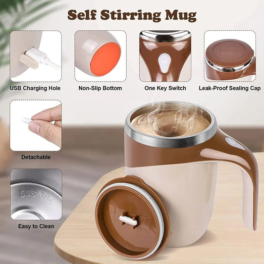 Elektrischer Rührbecher, Edelstahl, USB-aufladbar, selbstmischend, braun, Kaffeetasse.