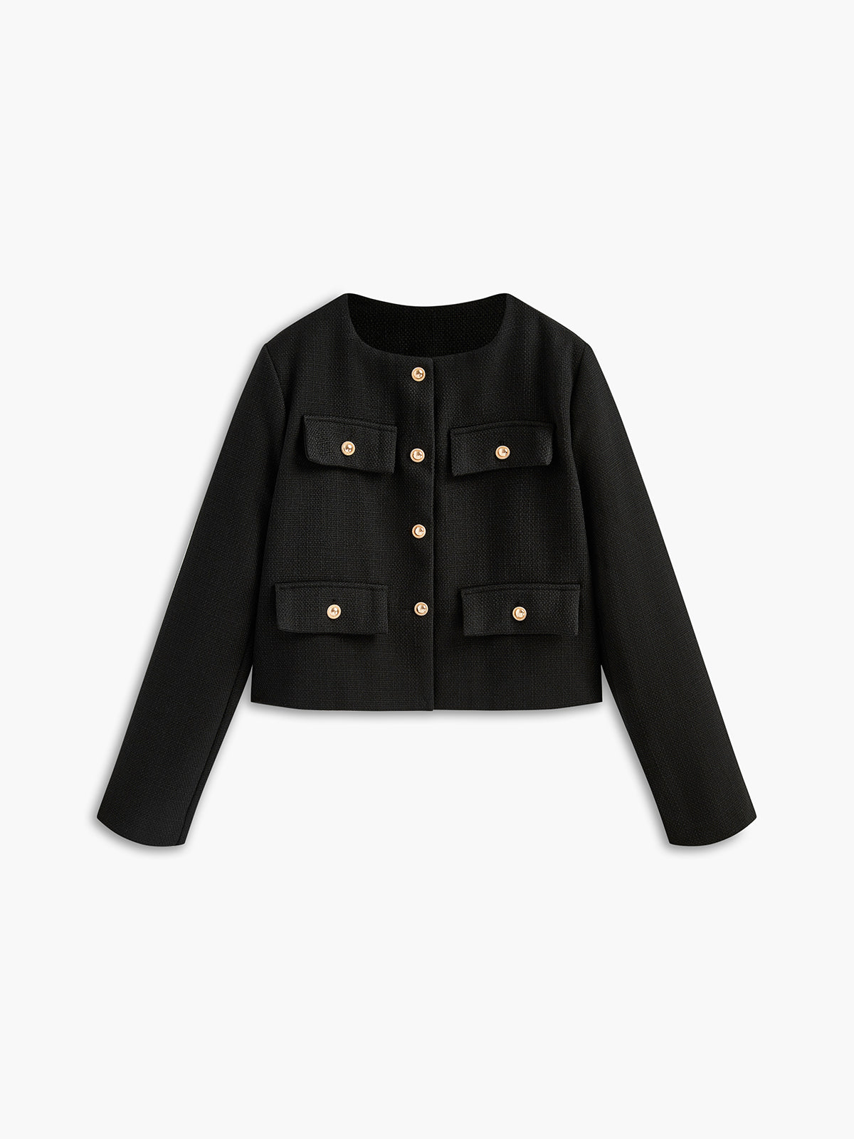 Schwarze Damenjacke mit goldenen Knöpfen, elegantes Design, vier Taschen, Herbstmode.