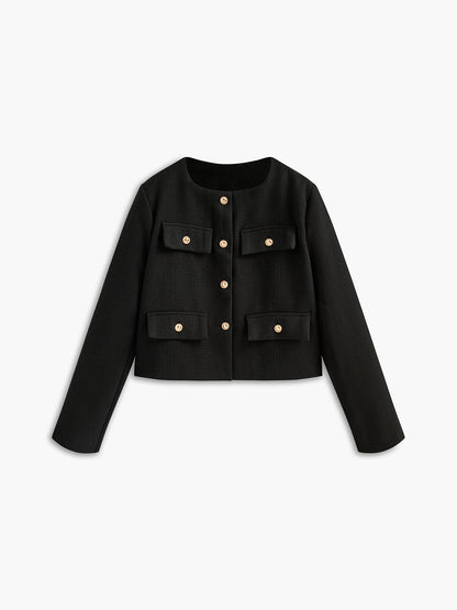 Schwarze Damenjacke mit goldenen Knöpfen, elegantes Design, vier Taschen, Herbstmode.