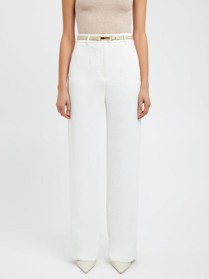 Damen weiße Leinenhose, hohe Taille, elegantes Design, Sommermode, mit Gürtel.