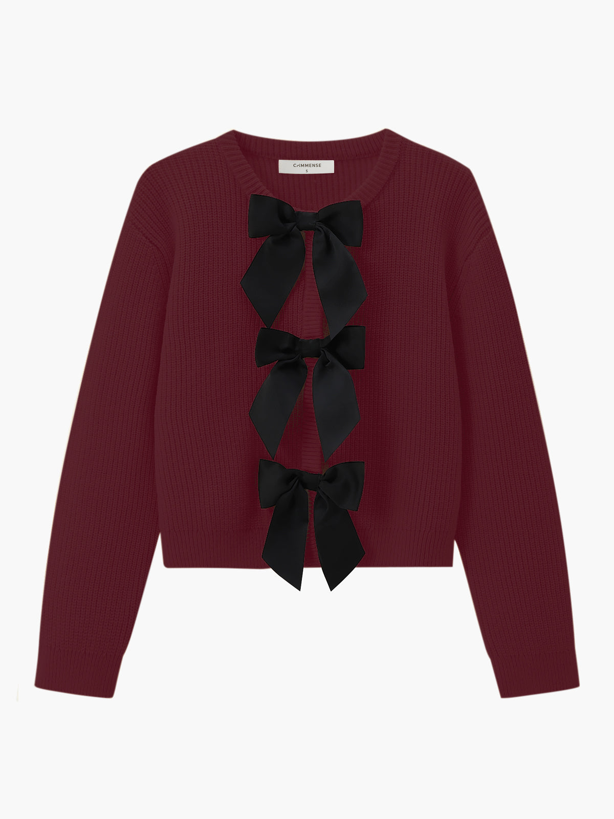 Damenpullover bordeaux mit schwarzen Schleifen, Strick, elegant, modisch, Herbstmode.