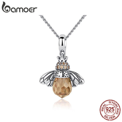 925er Silberkette mit orangefarbenem Bienenanhänger, Damen Schmuck, Bamoer Design.