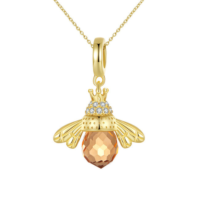 Goldene Bienen-Halskette mit orangefarbenem Anhänger, 925er Silber, Damen-Schmuck.