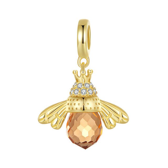 Goldener Bienenanhänger mit orangefarbenem Kristall, 925er Silber, Damen-Schmuck.