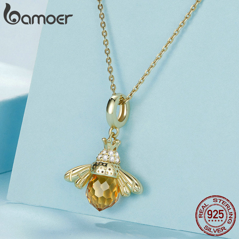 Bamoer Halskette mit Bienenanhänger, 925er Silber, orange, Damen, modisch, Schmuck.