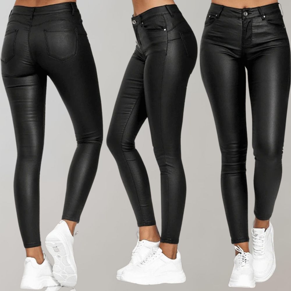 Damen schwarze Lederhose, eng anliegend, modisch, bequem, ideal für Freizeit und Party.