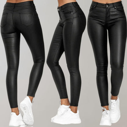 Damen schwarze Lederhose, eng anliegend, modisch, bequem, ideal für Freizeit und Party.