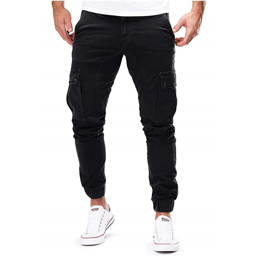 Schwarze Herren-Cargohose, Baumwolle, Taschen, sportlich, lässig, modisch, bequem.