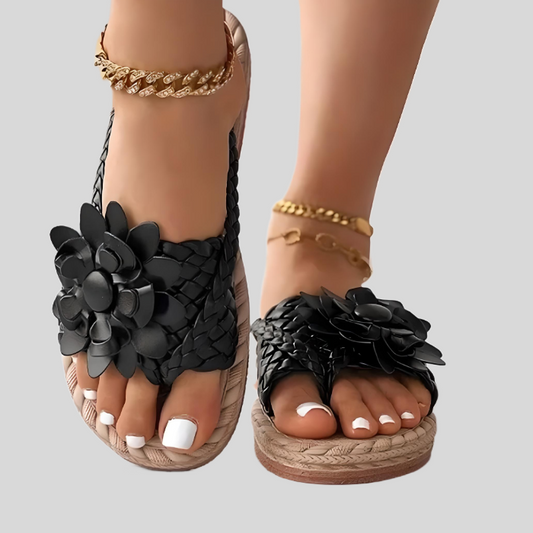 Schwarze geflochtene Sandalen mit Blumenmuster, Damenmode, Sommerschuhe, elegant, bequem.