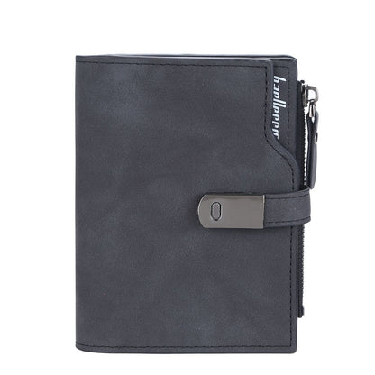 Schwarze Leder-Geldbörse mit Reißverschluss und Schnalle, Herren-Portemonnaie, elegant und modern.