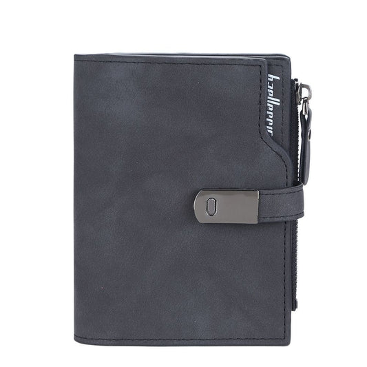 Schwarze Leder-Geldbörse mit Reißverschluss und Schnalle, Herren-Portemonnaie, elegant und modern.