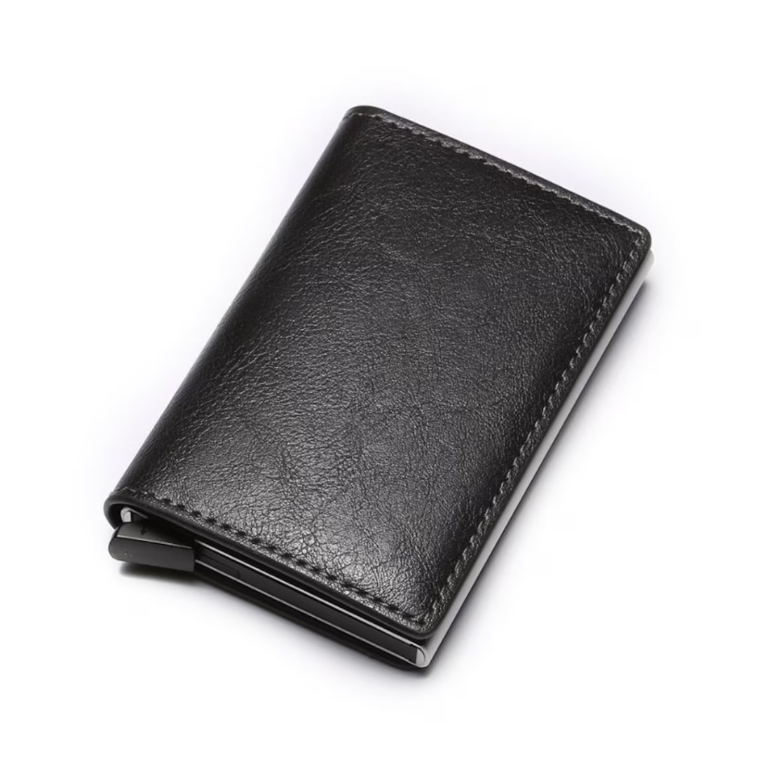Schwarzes Leder-Portemonnaie, kompakt, elegant, für Herren, Kartenetui, hochwertig.