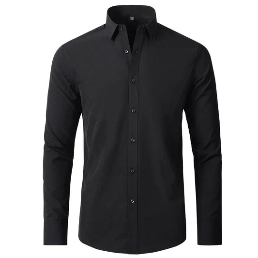 Schwarzes Herrenhemd, langärmelig, Knopfleiste, klassischer Kragen, elegantes Design.