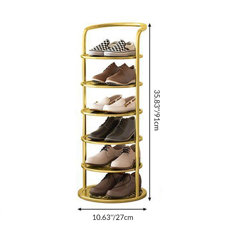 Goldenes sechsstufiges Schuhregal mit Halbschuhen und eingezeichneten Maßangaben zu Höhe und Durchmesser 5