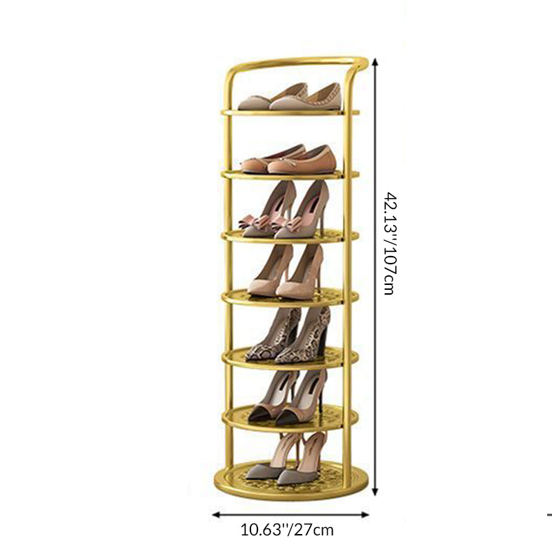 Goldenes siebenstufiges Schuhregal mit Pumps und Ballerinas samt Maßangaben zu Höhe und Durchmesser 6