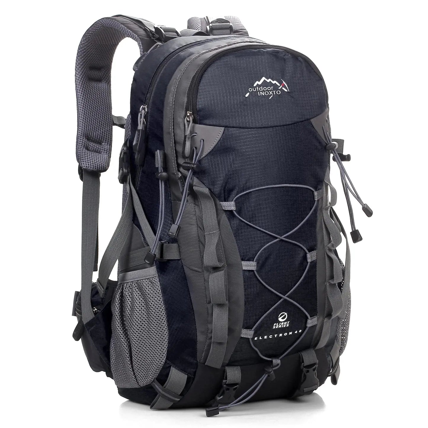 Schwarzer Outdoor-Trekkingrucksack mit grauen Akzenten, robustem Design und mehreren Fächern.