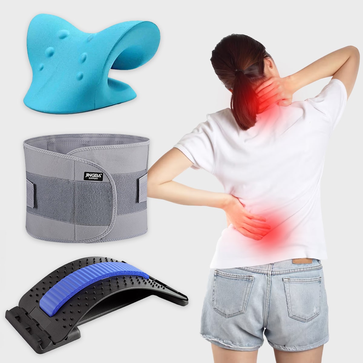 Frau mit Rückenschmerzen, Rückenstützgürtel, blauer Nackenstrecker, Wirbelsäulenmassagegerät.