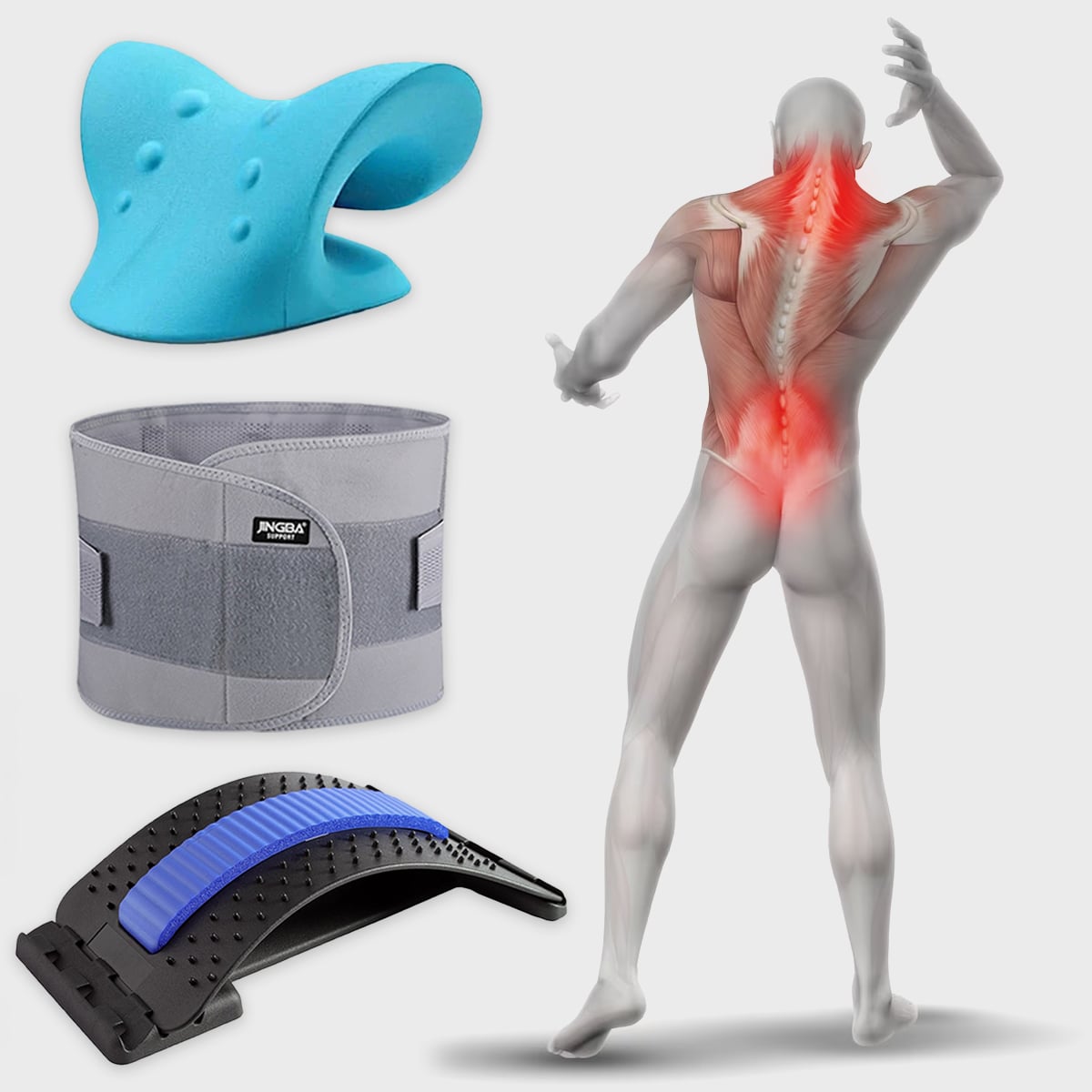 Rückenstützgürtel und Dehner, blau und grau, für Schmerzlinderung und Haltungskorrektur.