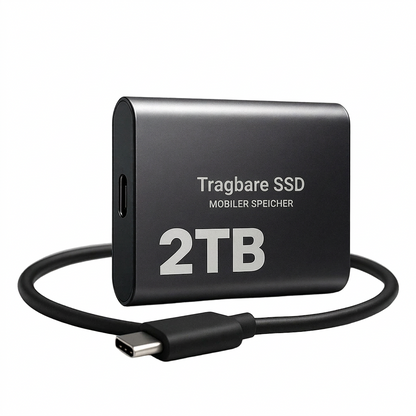 Schwarze SSD mit aufgerolltem USB-C-Kabel, freigestellt vor weißem Hintergrund 1