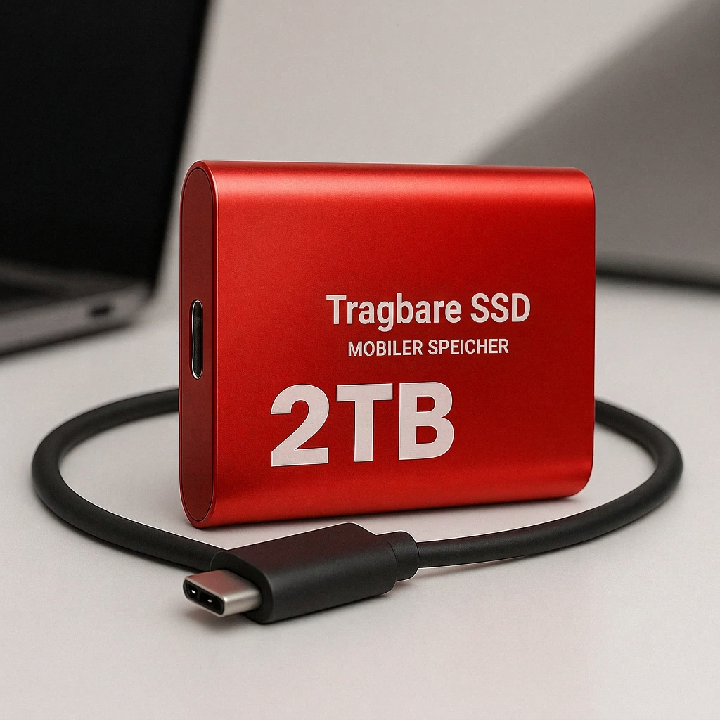 Rote SSD mit USB-C-Kabel auf einem hellen Schreibtisch, Laptop unscharf im Hintergrund 3