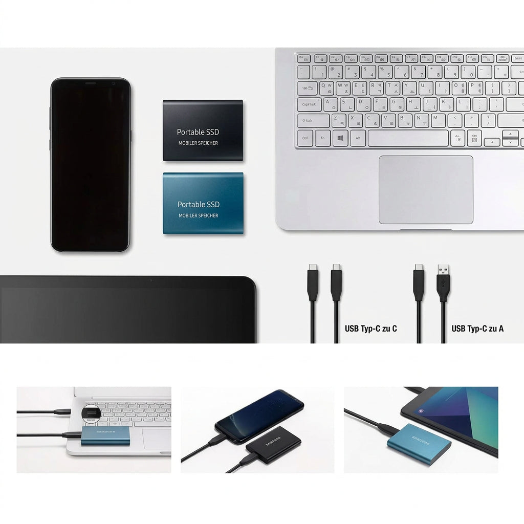 Draufsicht mit SSDs, Smartphone, Laptop und Kabeln, darunter drei Anwendungsbeispiele mit Laptop, Handy und Tablet 6