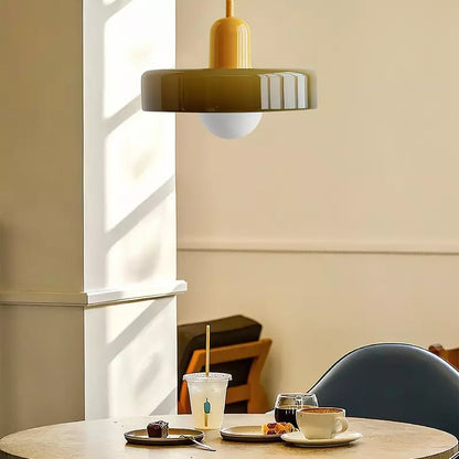 Bauhaus Pendelleuchte, Glas, rund, modern, gelb, Esszimmer, skandinavisches Design, minimalistisch