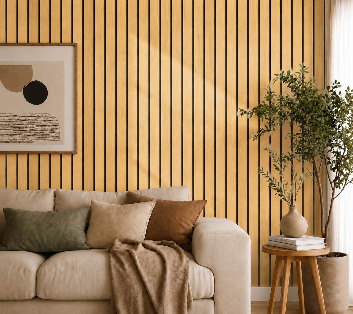 Hellholzfarbene Lamellenwand im Wohnzimmer neben beigem Sofa, Bild, Zimmerpflanze und Holzhocker 35
