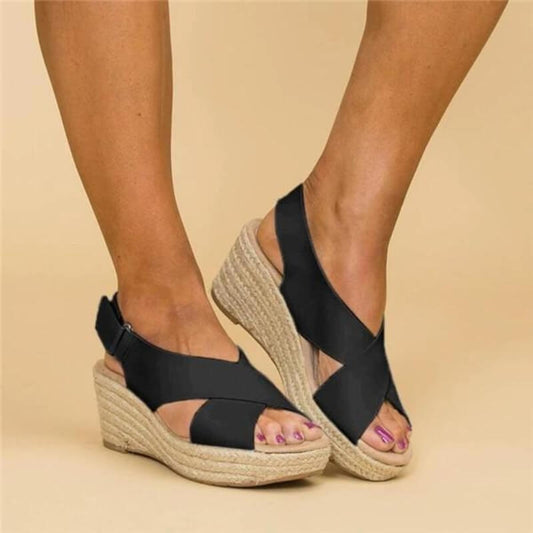 Schwarze Keilsandalen Damen, Sommer, bequem, Riemchen, Plateau, modisch, Freizeit, elegant