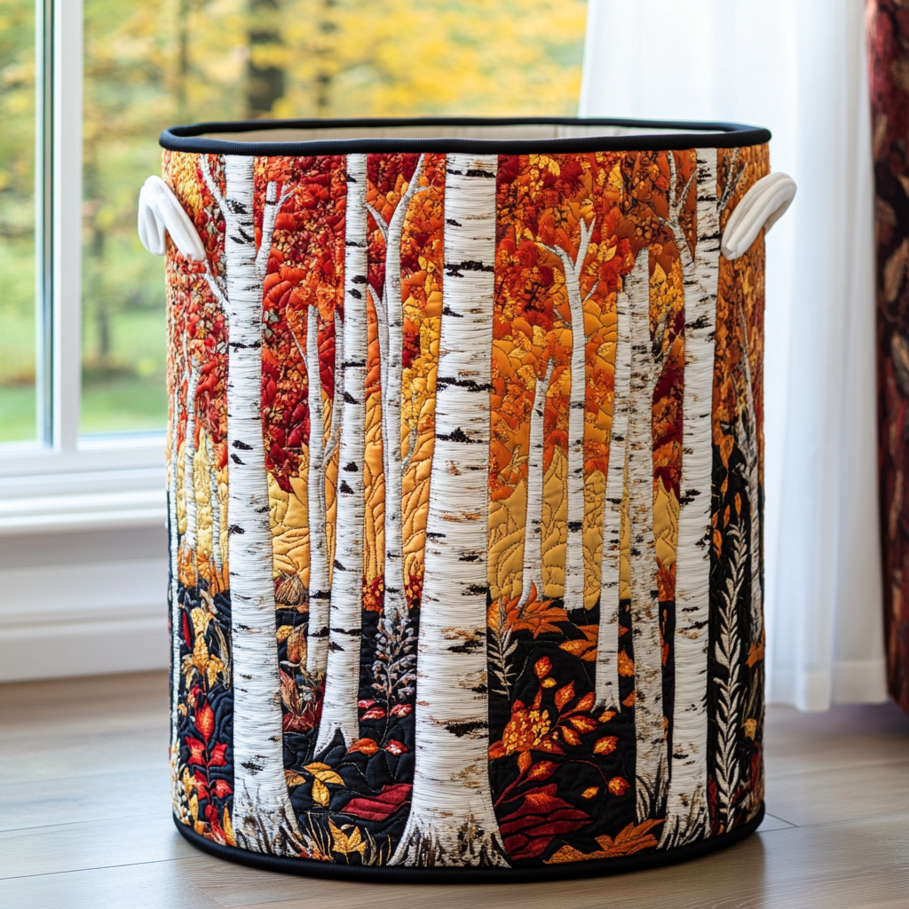 Gesteppter Korb mit herbstlichem Birkenwald in Rot, Orange und Gelb, schwarzer Einfassung und weißen Seitengriffen. 3