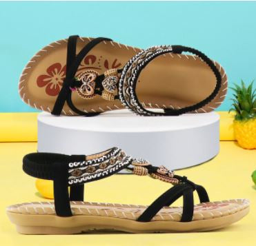 Schwarze Damen-Sandalen mit Perlen, flach, Sommermode, bequem, rutschfest, Freizeit.