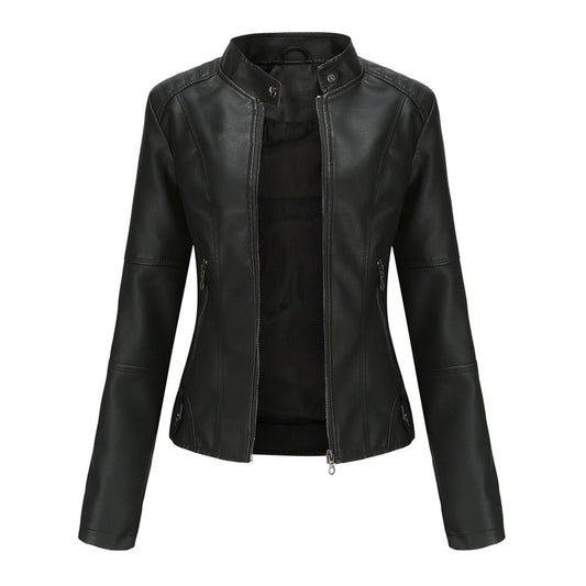 Schwarze Damen-Lederjacke, Reißverschluss, Stehkragen, modisch, elegant, hochwertig.