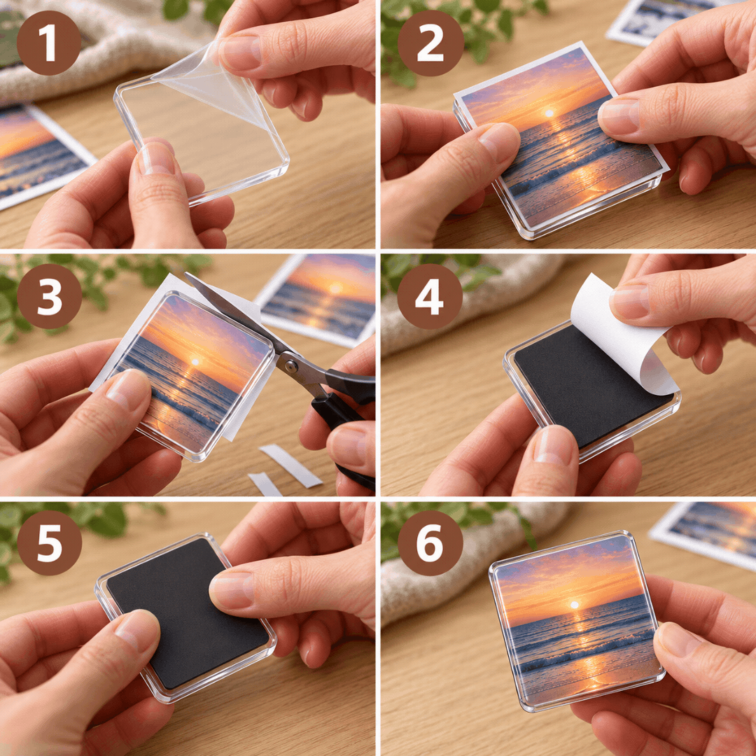 Sechs nummerierte Schritte zeigen, wie Folie, Foto und Magnet in den Acrylrahmen eingesetzt werden 5