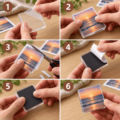 Sechs nummerierte Schritte zeigen, wie Folie, Foto und Magnet in den Acrylrahmen eingesetzt werden 5