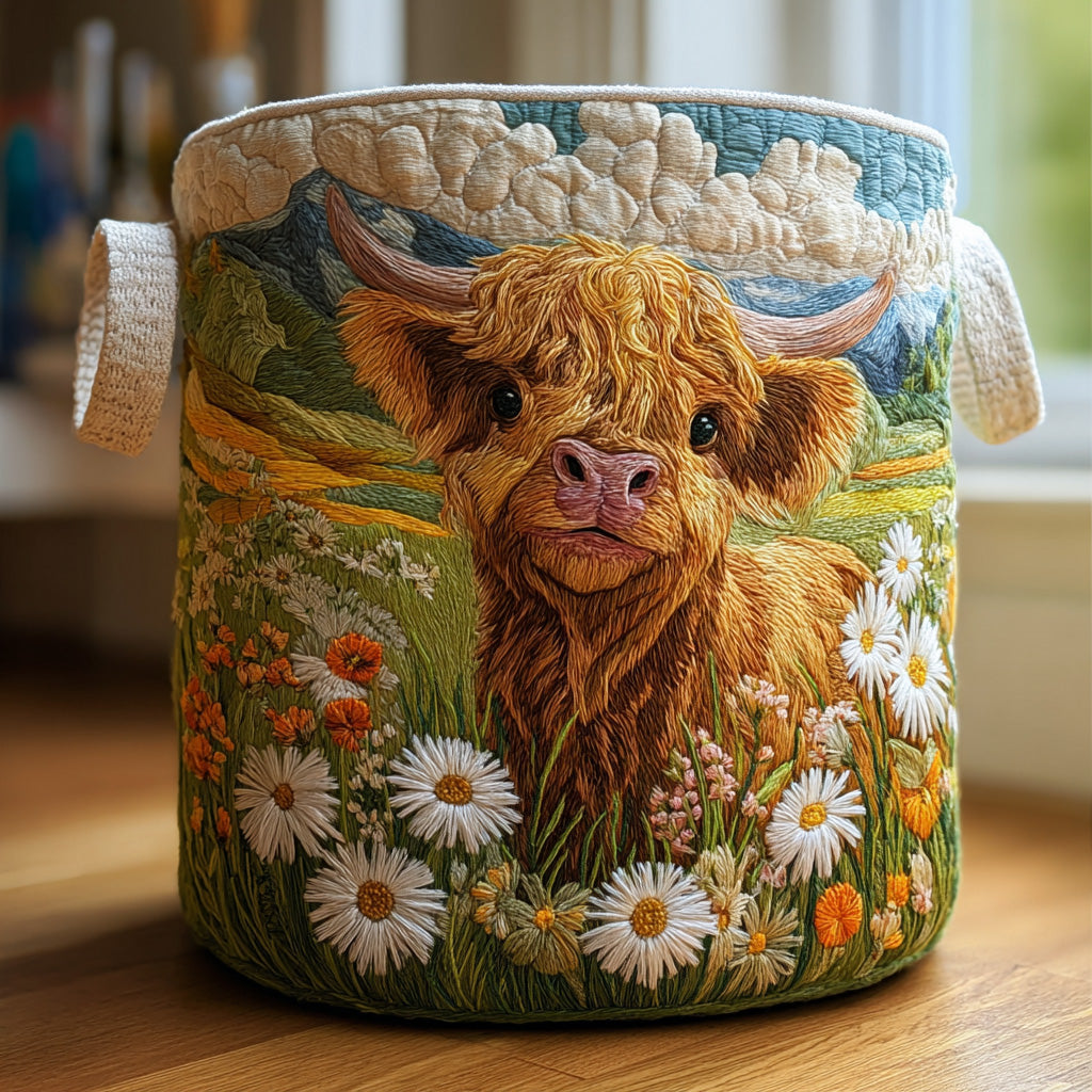 Runder gepolsterter Stoffkorb mit gesticktem Highland-Kalb zwischen Gänseblümchen und Bergen, seitlich zwei cremefarbene Tragegriffe, auf einem Holztisch. 1
