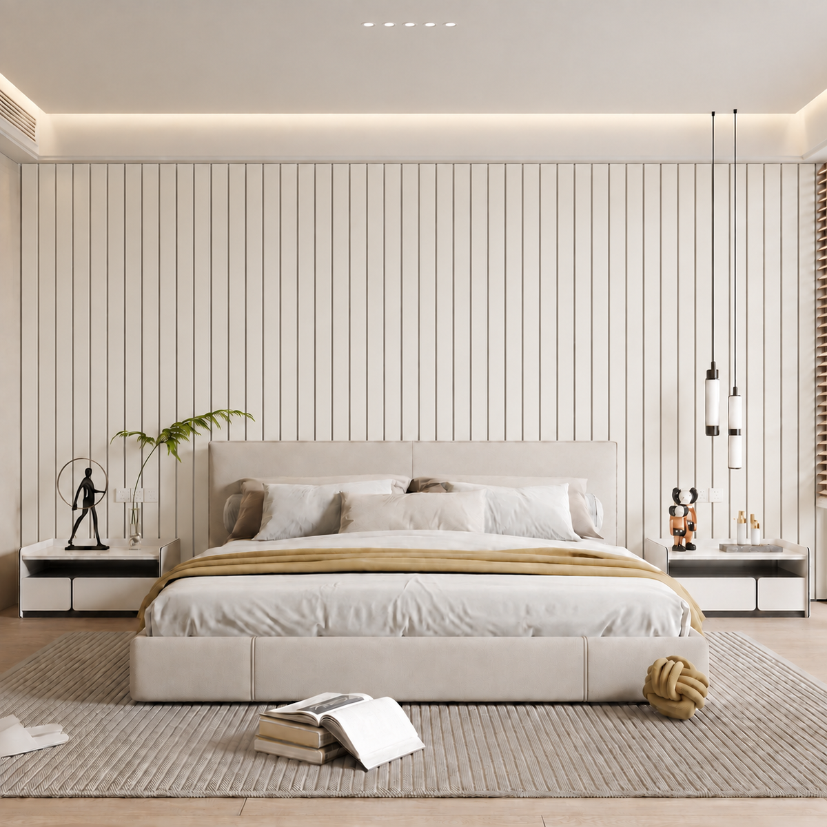 Schlafzimmer mit cremeweißer Lamellenwand hinter dem Bett, Hängeleuchten und Teppich 19